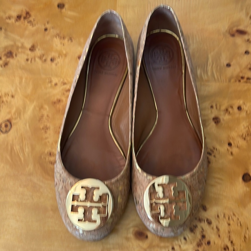 Tory Burch Reva Cork & Gold Tan Flat